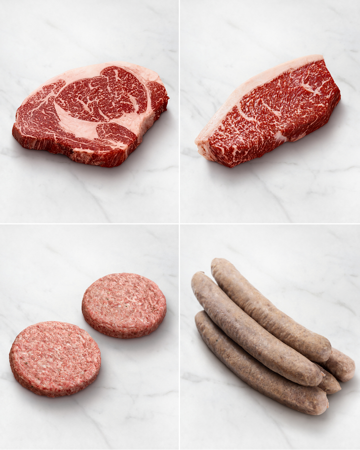 Wagyu Verwöhnpaket mit Rib Eye Steak, Picanha, Burger, Grillwurst und Steaksalz